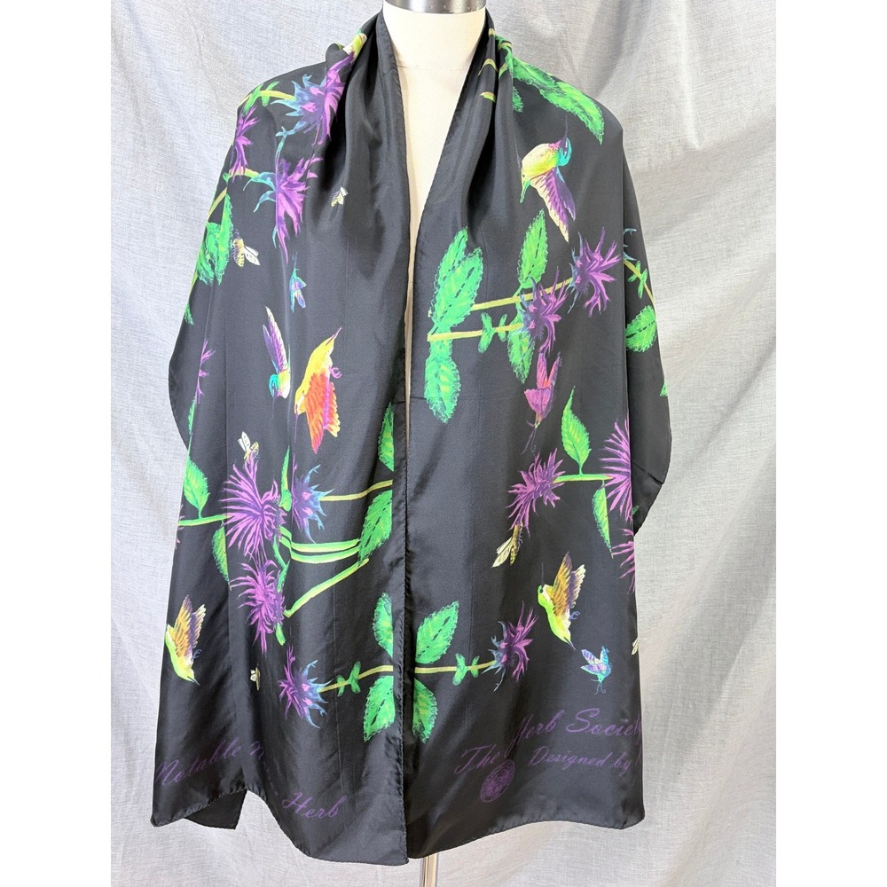 Kevin O'Brien Studio Botanical Black Scarf Hummingbird Floral Print Herb Society